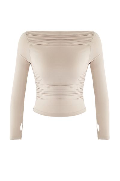 Edit by Trendyol Béžová pletená halenka s natahovacím člunem – vypasovaná, střih Regular Fit TEDAW25BZ00021