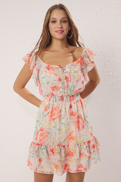 Trendyol Collection Orange Floral Skirt Waist Opening Ruffle Mini Lined Chiffon Woven Dress Twoss25El00709