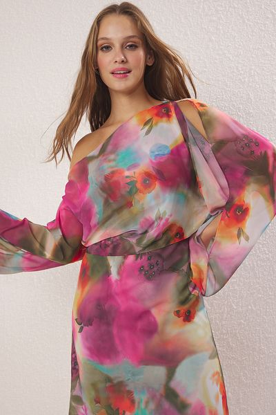 Trendyol Collection Multicolored Abstract Cape Detailed Maxi Lined Chiffon Dress Twoss25El00014