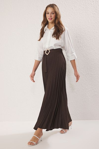 Trendyol Modest Καφέ Ζώνη Πλισέ Λεπτομερής Υφαντή Φούστα TCTSS25EE00013