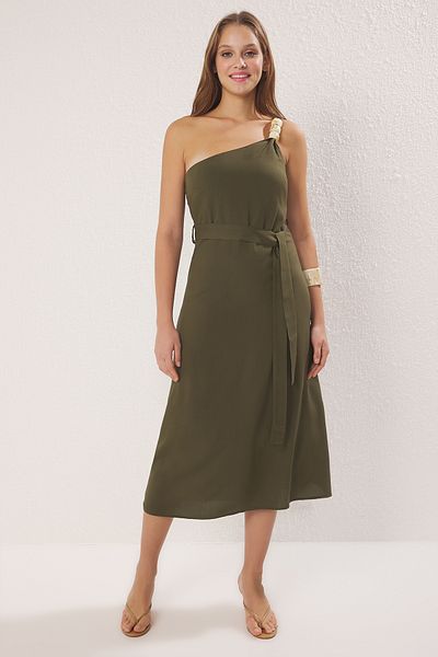 Trendyol Collection Khaki Straight Accessory Detailed Belted Midi Woven Dress Twoss25El00714