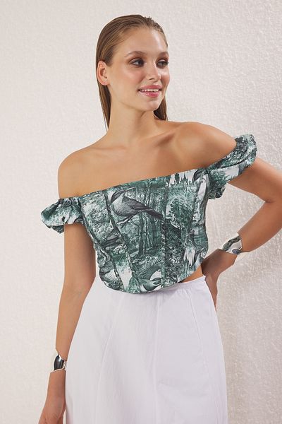 Trendyol Collection Зелено многоцветно елече с подплата с детайлен флорален принт, тъкано бюстие от поплин Tprss23Bs00063