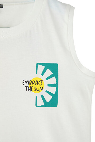 TRENDYOLKIDS Navy Blue-Ecru Boys' 100% Cotton Slogan Printed Undershirt Tkdss25Al00007