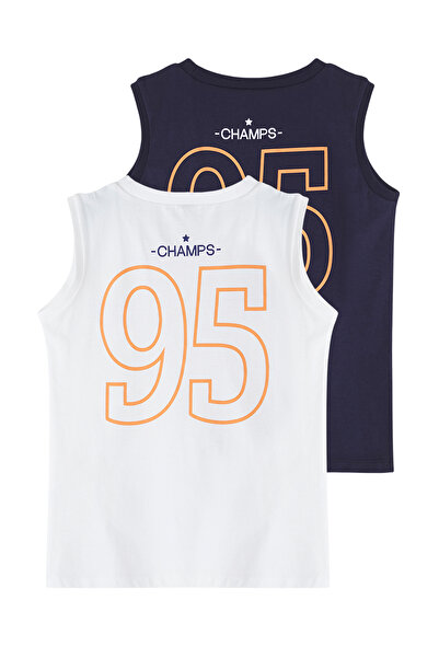 TRENDYOLKIDS Navy Blue-White Male Child 2'Li Cotton Slogan Printed Tkdss25Al00008