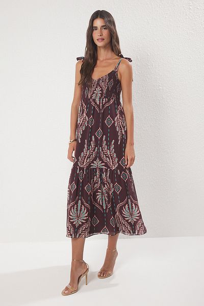 Trendyol Collection Brauner Schal-Muster-Rock, gewebtes Maxikleid mit Gips an der Taille