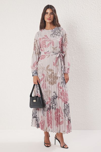 Trendyol Modest Rochie țesătă din șifon cu pliuri, cu căptușeală florală, pudră, TCTSS24EB00151