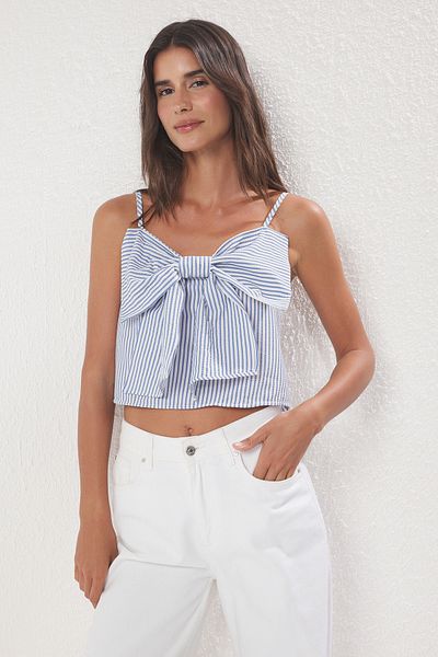 Trendyol Collection Μπλε φιόγκος με λεπτομέρεια με υφή ριγέ λουράκι υφαντή μπλούζα TWOSS25BZ00501