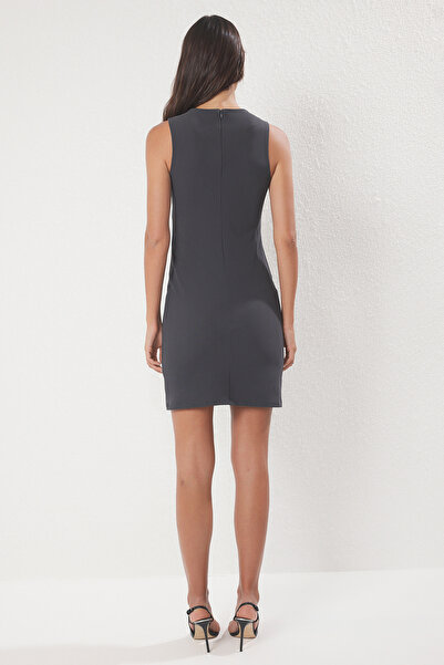 Trendyol Collection Anthracite Floral Accessory Bodycone / Body Fitting Mini Knitted Dress