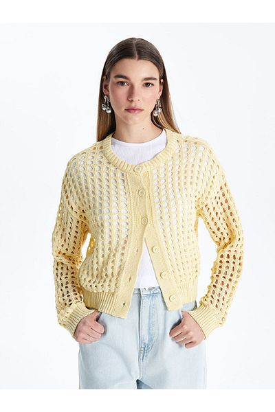 LC Waikiki Xside Yellow Crew Neck Openwork Women's Knitwear Cardigan