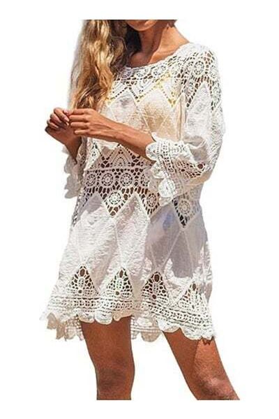 HALAMODO Women’s Bathing Suit Cover Up Crochet Lace Bikini Swimsuit Dress Beach Tops Net Coverups Summer Ca