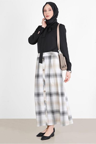 Alvina Plaid Pattern Button Detailed Skirt 60266