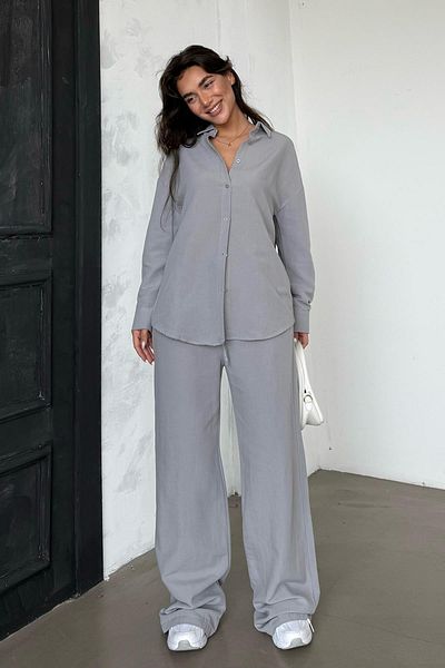 Madmext Gray Dyed Linen Women Shirt and Pants Suit Mg2356
