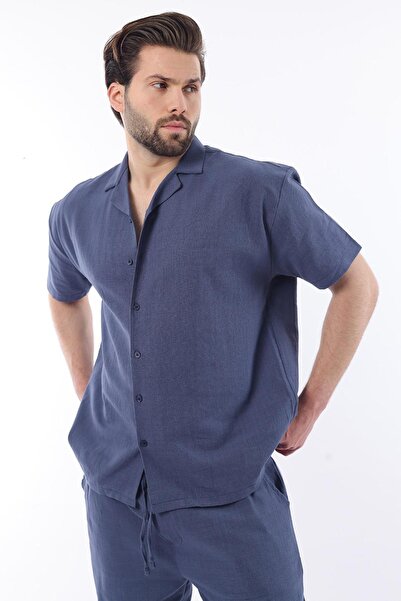 Madmext Navy Blue over Fit Men's Shirt Suit E7303