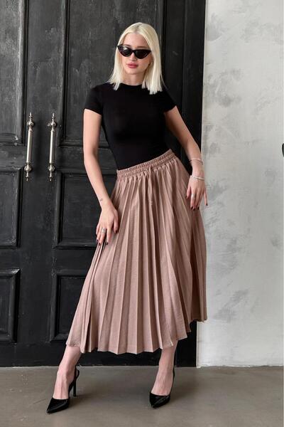 Madmext Camel Pileli Midi Boy Kadın Etek Mg2393