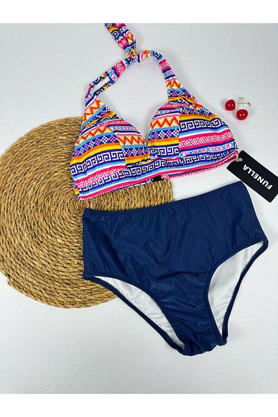 FUNELLA Tie Dye Print High Waist Neck Tie Stylish Bikini Set
