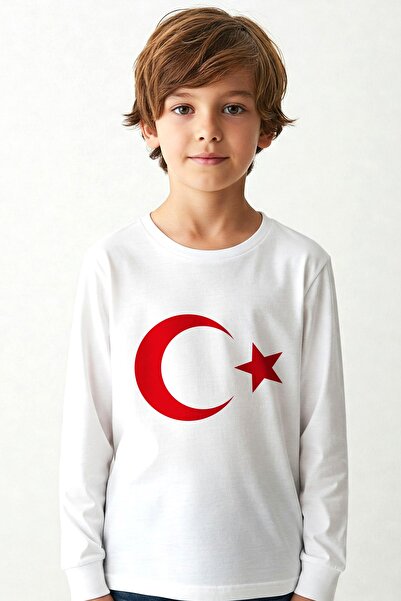 Lovexi Türk Bayrağı Ay Yıldız Baskılı Beyaz Uzunkol Tişört (23 Nisan  19 Mayıs)