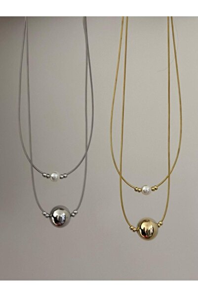 MyladyAccessoriess Gümüş Kaplama Topçuk ve İnci Detaylı İkili Kolye Gümüş