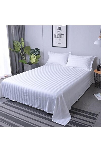 Kotonia Home Hotel Bed Sheet Damascus Satin with 1 cm stripes, 100% cotton, White, 150x240 cm