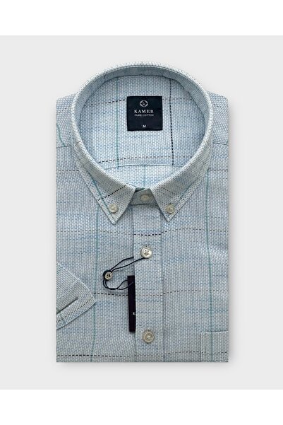 KAMER Men Regular Fit Short Sleeve 100% Cotton Button Collar Single Pocket Light Blue Shirt 9385Ma
