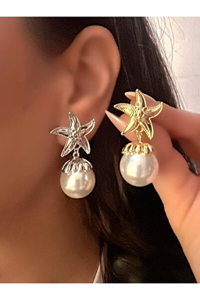 MyladyAccessoriess Özel Seri Deniz Yıldızı Plaka ve İnci Detaylı Küpe Gümüş