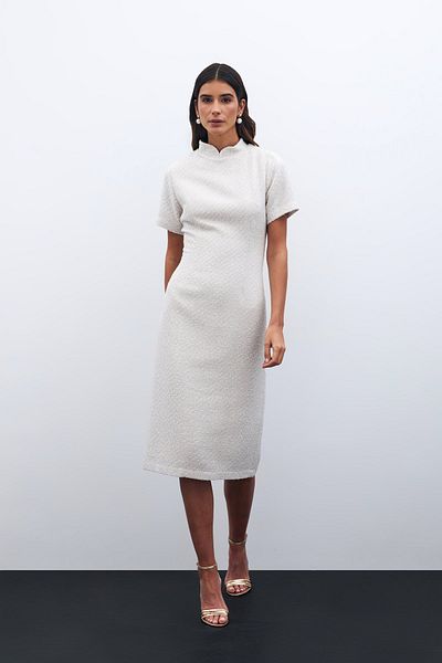Sateen Φόρεμα Tweed με όρθιο γιακά σε χρώμα πέτρας
