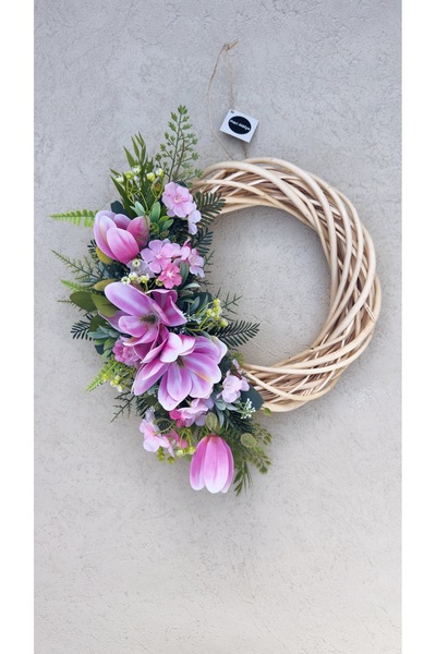 Mori Atölye 30 cm Bambu Çelenk Pembe Manolya Çiçekleri ve Bahar Çiçekleri Ev ...