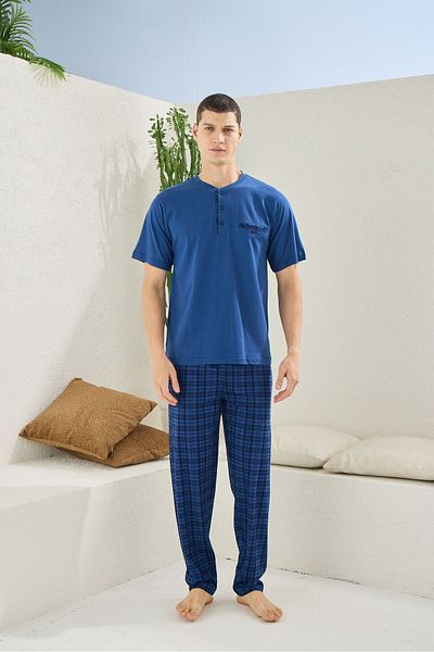 KLY 100% BUMBAC GULER 3 BUTONI MODEL CARO Mâneci scurte Costum de pijama pentru bărbați