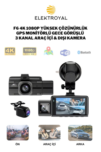 Genel Markalar F6 4K 1080P Monitörlü Gece Görüşlü 3 Kanal Araç  İç Dış Kamera