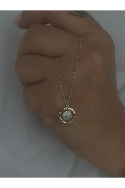 MyladyAccessoriess Zirkon Taş Detaylı Ve İki Renkli Daire Kolye (Çelik)