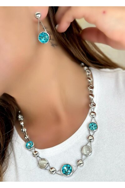 MyladyAccessoriess Gümüş Kaplama Opal Taş Ve Kristal Taş Detaylı Set Takı (Ko...