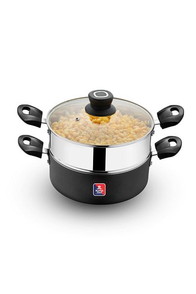 British Chef 2 In 1 Cooking Pot With Glass Lid, 20cm Multi-purpose Steamer & Cookware, Non-stick Base