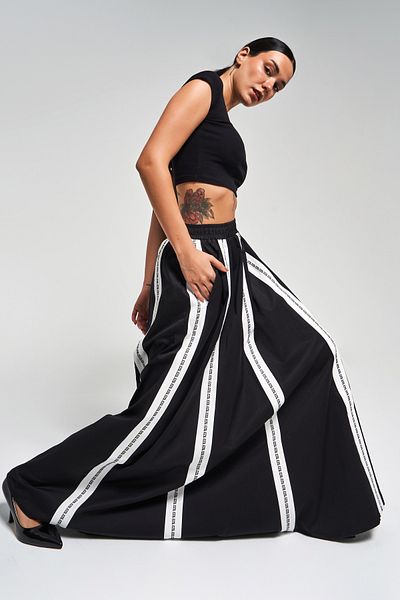 its basic Women's Black Color Super Long Stripe Detailed Special Design Skirt