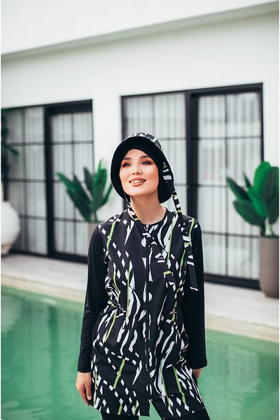MASSMİZO Zebra Women's Short Patterned Zippered Full Covered Hijab Swimsuit Set of 3