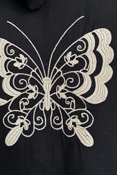 Bİ.GİYSEN Γυναικείο μαύρο μπουφάν πουκάμισο από λινό βαμβακερό ύφασμα με κέντημα πεταλούδας στην πλάτη