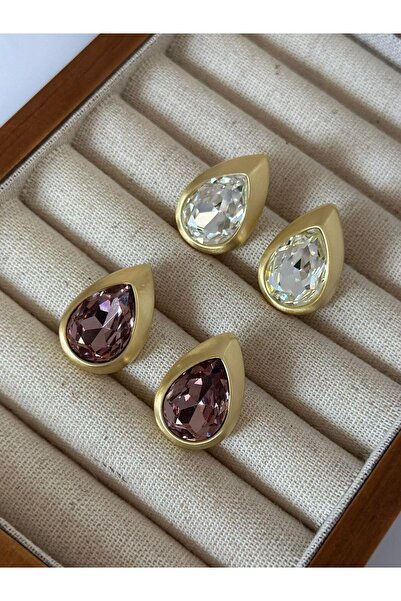 MyladyAccessoriess Minimal Damla Gold Çerçeve Ve Kristal Taş Detaylı Minimal Çelik Küpe Gold