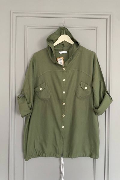 Bİ.GİYSEN Women's Khaki Green Large Size Back Butterfly Embroidered Sleeve Fold Cotton Linen Fabric Shirt Jacket