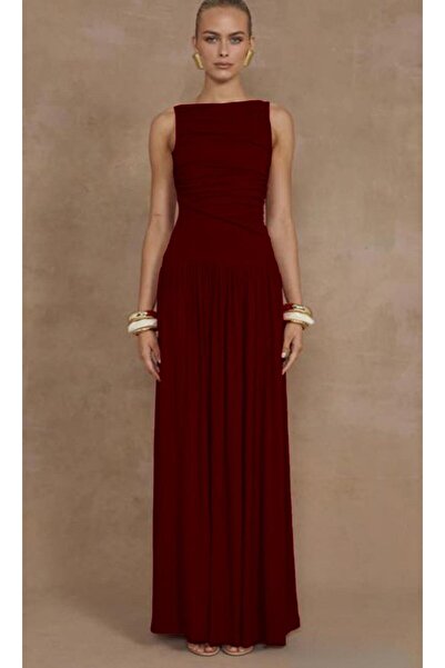 Madmext Bordo Önü Dökümlü Uzun Boy Kadın Elbise Mg2364
