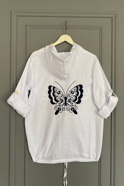 Bİ.GİYSEN Women's White Large Size Back Butterfly Embroidered Sleeve Fold Cotton Linen Fabric Shirt Jacket