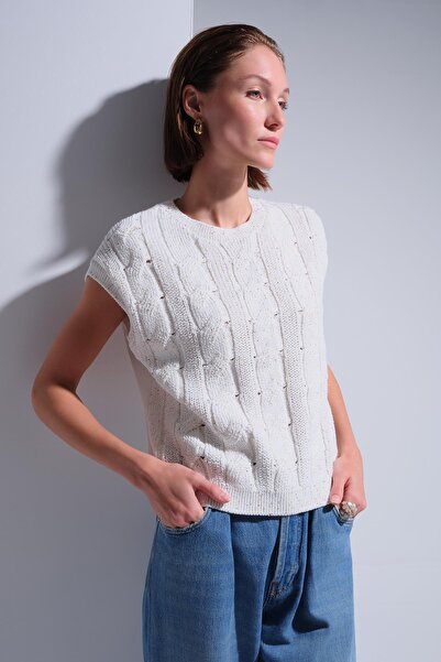 JOIN US Saç Örgü Detaylı Ekru Süveter