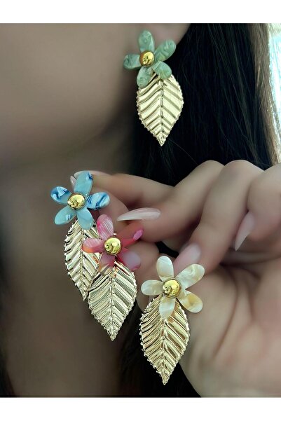 MyladyAccessoriess Renkli Çiçek Ve Yaprak Detay Küpe Bej