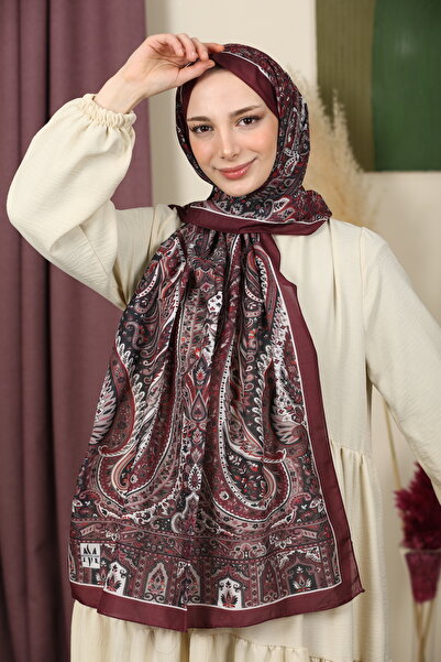 aldyoo Retro Etnik Desen Pamuk Viskon Şal Bordo Siyah