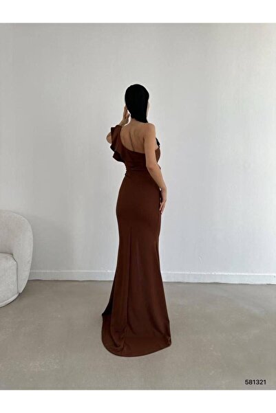 Modafeminen Tek Omuz Scuba Krep Abiye Elbise 581321 Kahve