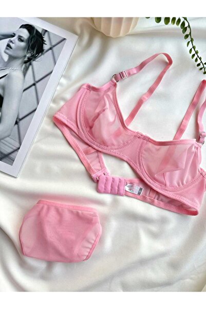 La Linaa Γυναικείο Σετ σουτιέν με στρινγκ καλσόν από ροζ τούλι