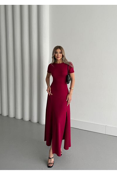 BUKETLİ Women's Crew Neck Lycra Slit Detail Open Back Combed Cotton Flared Dress