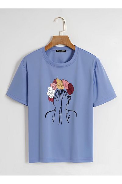 SOFTWAY Unisex Oversize Crew Neck Πολύχρωμο μπλουζάκι με στάμπα με μαλλιά - ΜΠΛΕ