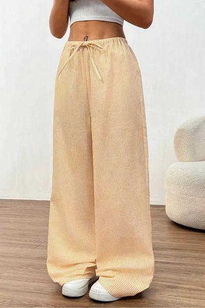 Gofeel Hs Yellow Striped Elastic Waist Y2K Wide Leg Pants