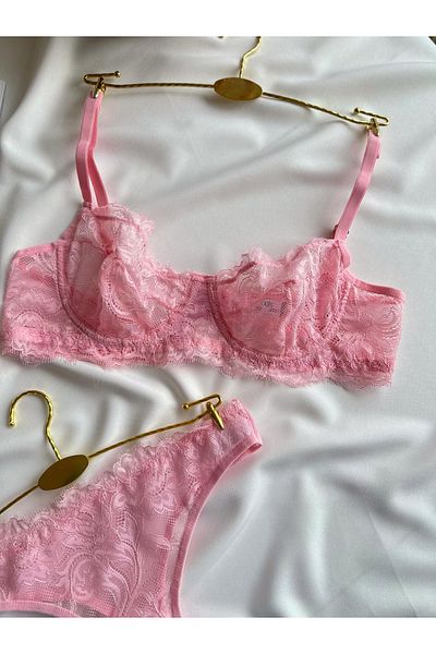 La Linaa Anna Pink Lace Underwire Capless Panty Bra Set