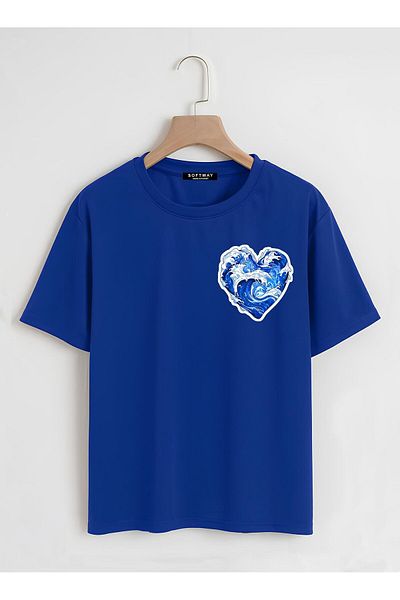 SOFTWAY Unisex Οργανικό Oversize Ocean Heart Εκτυπωμένο Basic T-shirt - Σαξ Μπλε