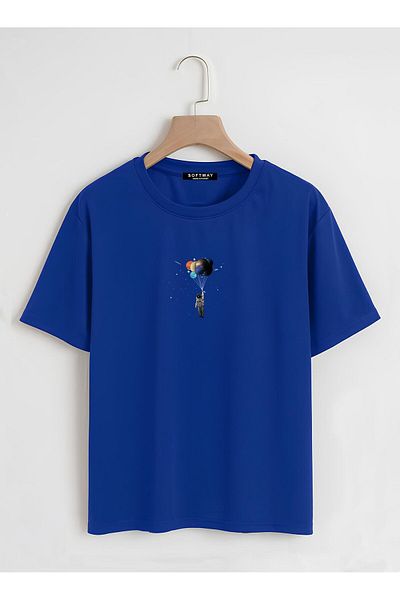 SOFTWAY Unisex Oversize Astronaut Motivesli Basic T-Shirt SAKS BLUE