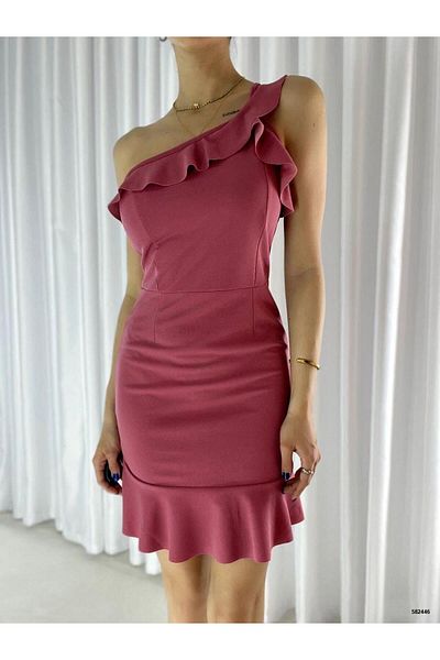 Modafeminen Φόρεμα με έναν ώμο με λεπτομέρεια Flounce Crepe Fabric 582446 Dried Rose